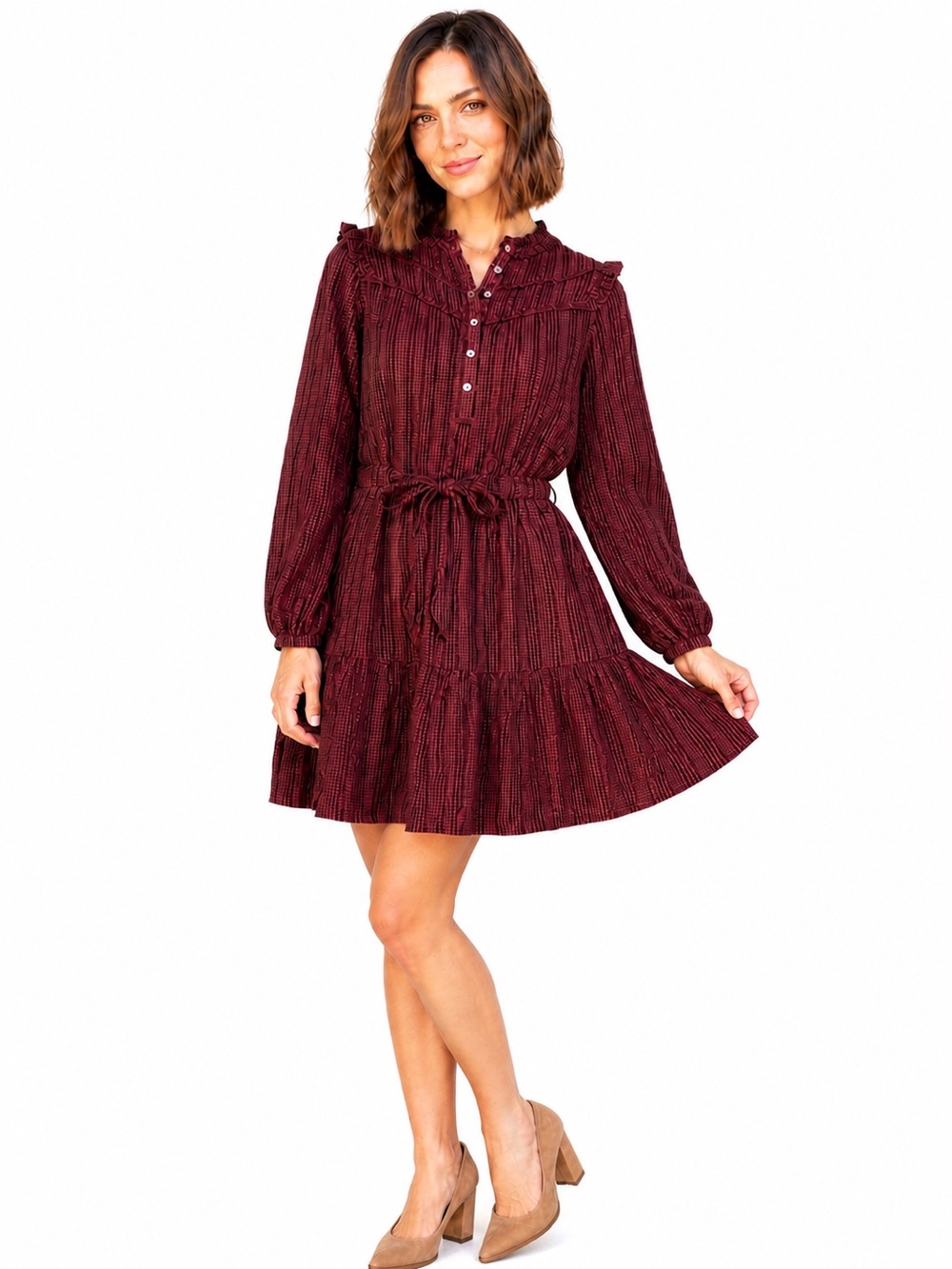 LOFT Petite XSP Burgundy Plaid Ruffle Long Sleeve Tie Waist Tiered Mini Dress